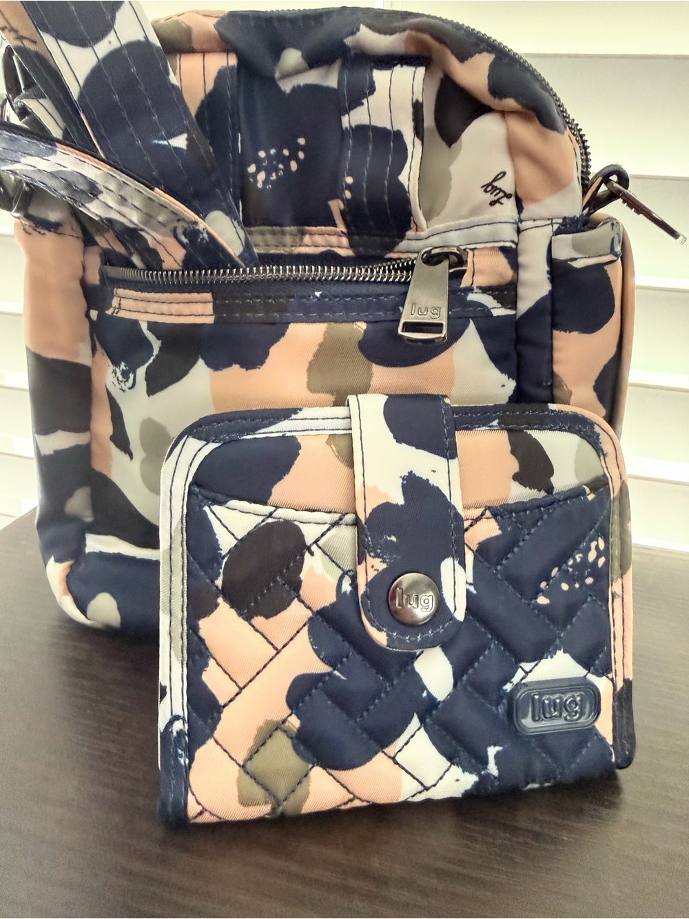 Lug “Can Can”Quilted Floral Crossbody Bag and Wallet in Navy and Blush